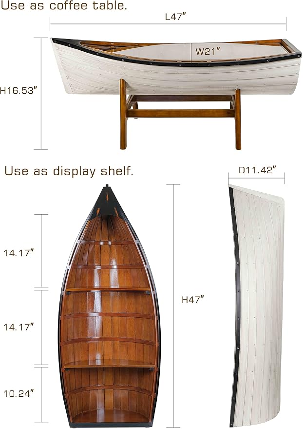 SAILINGSTORY Wooden Boat Coffee Table Boat Bookshelf Coastal Coffee Table - Image 3