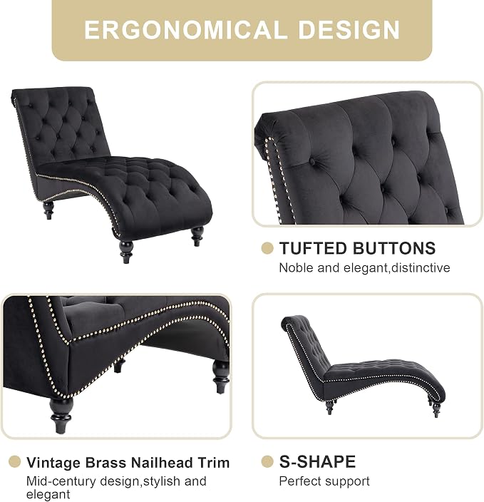 Chaise Lounge Indoor, Velvet Upholstered Lounge Chair Button-Tufted Armless - Image 4
