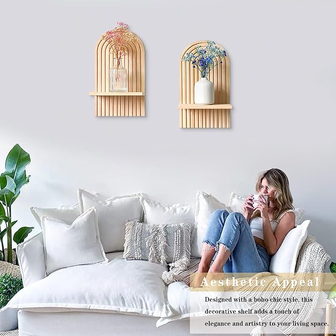 LIYAOLI Boho Wall Shelf Set of 2-15 x 8.6 Inch Arched Wooden Hanging Shelves - Image 4