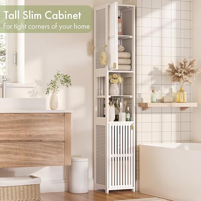 Amazer White Bathroom Storage Cabinet 70'', Bamboo Slim Storage Cabinet - Image 5