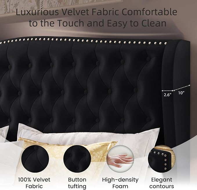 BRELTAM Upholstered King Size Bed Frame Velvet Black Tufted Platform Bed Frame - Image 5