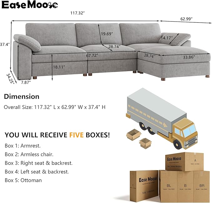 EASE MOOSE Oversized L Shape Sectional Modular Sofa, Wide Deep seat Sectional - Image 2