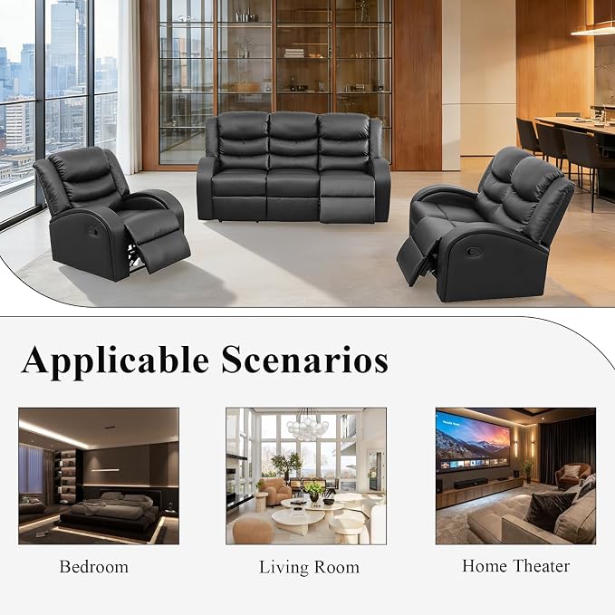 3-Piece Couch Living Room Furniture Sets, Sectional Recliner Sofa Set, Leather - Image 7
