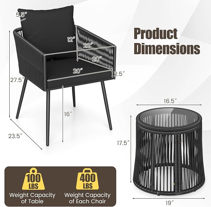 Tangkula 3 Pieces Patio Rattan Bistro Conversation Set, Outdoor All-Weather - Image 5