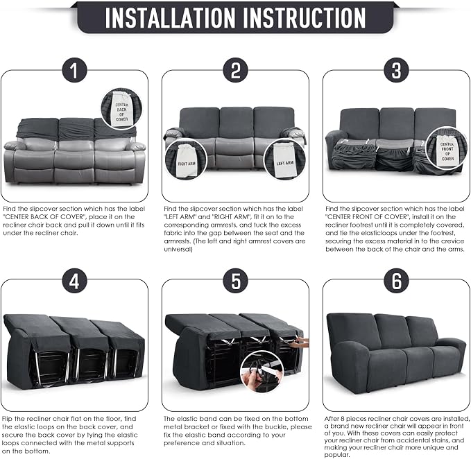 TAOCOCO Recliner Sofa Covers 8-Pieces Stretch Large Couch Covers - Image 6