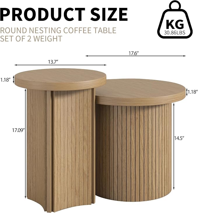 Set of 2 Nesting Coffee Tables Farmhouse, Round Coffee Tables Living Room - Image 2