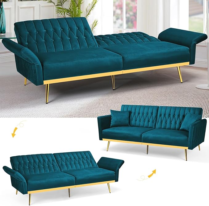 70” Velvet Futon Sofa Bed w/Adjustable Armrests and Backrest, Convertible Futon - Image 6
