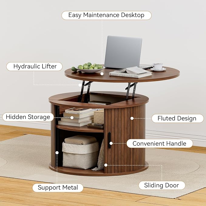 FABATO Round Lift Top Coffee Table, Fluted Wood Accent Coffee Table - Image 4