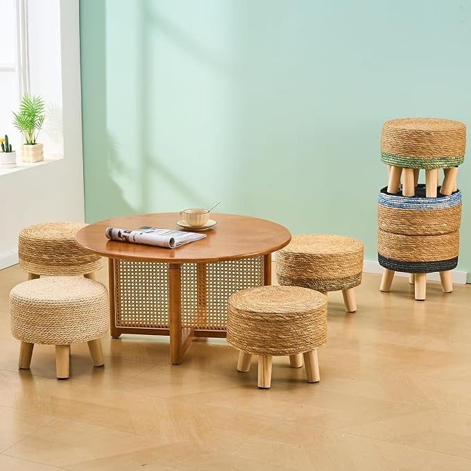 Cpintltr Ottoman Natural Seagrass Footrest Poufs Hand Weave Round Foot Stool - Image 7