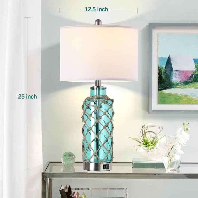 Cottage Nautical Accent Table Lamp Set of 2, Touch Coastal Blue Green Glass - Image 4