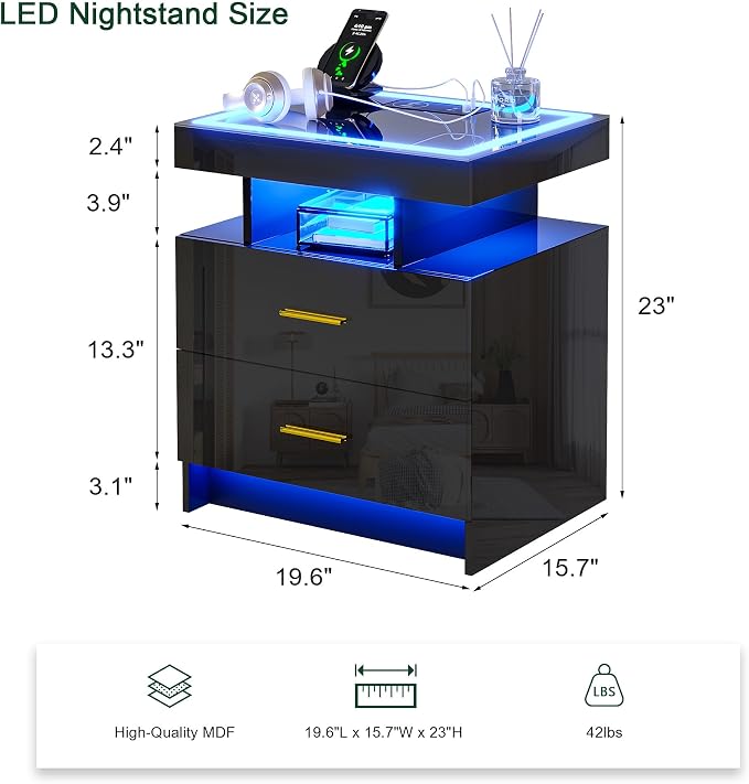 HNEBC LED Nightstand with Charging Station High Gloss Bedside Table with 2 - Image 2