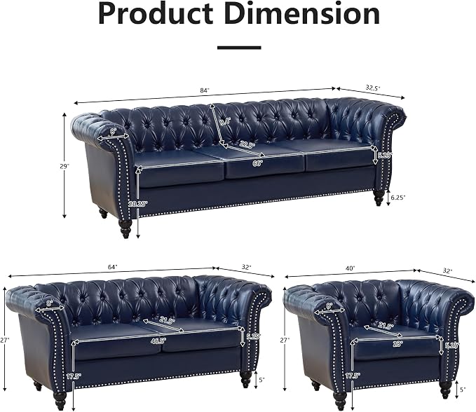 QHITTY 3 Piece Living Room Set, Sectional Chesterfield Sofa Chair Contemporary - Image 2