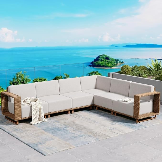 SUNSHINE VALLEY Patio Sectional Furniture, Outdoor Yellow Rattan Wicker Sofa - Image 9