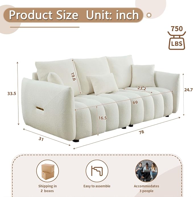 Antetek 78" Modern Sofa Couch, Comfy Deep Seat Teddy Cloud Sofa, Upholstered - Image 2