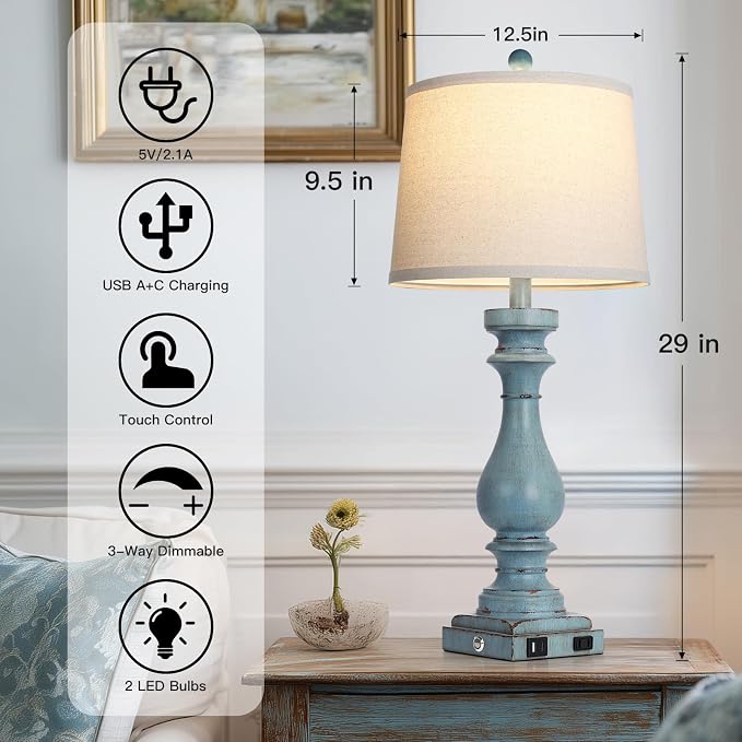 Cinkeda 29" Tall Table Lamp for Living Room Set of 2, Coastal Bedside - Image 2