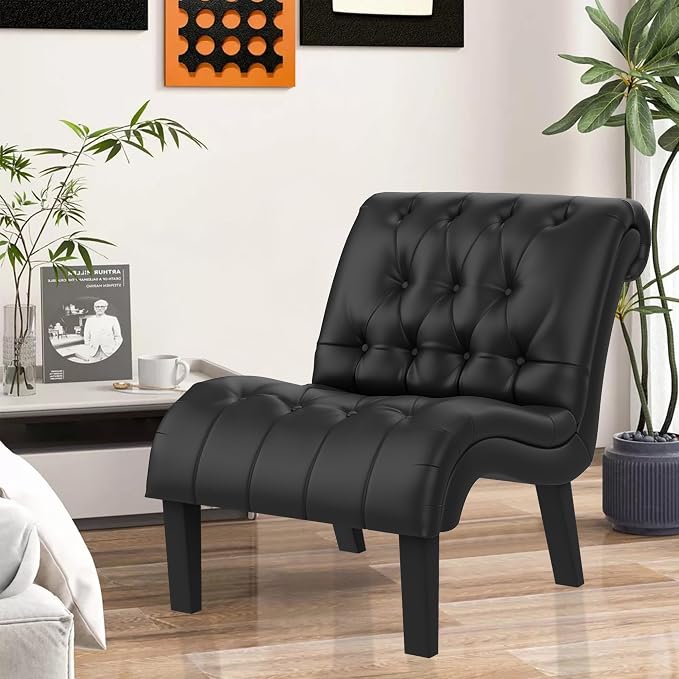 Black Faux Leather Accent Chair Modern Button Tufted Upholstered Armless Chair - Image 5