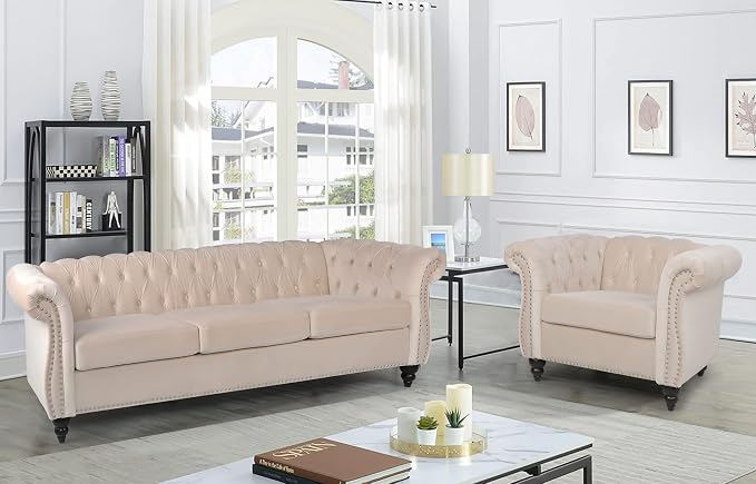 RARZOE Modern 2 Pieces Living Room Sofa Set, Contemporary Tufted Button Velvet by RARZOE