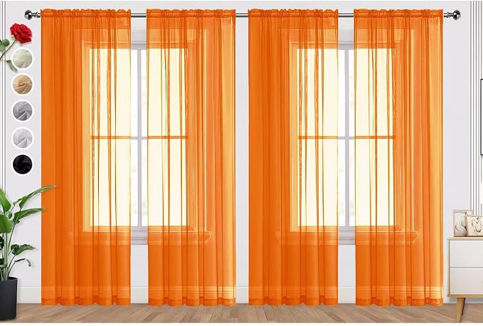 SpaceDresser Orange Sheer Curtains 4 Panels Rod Pocket Semi-Sheer Curtain 108 by SpaceDresser
