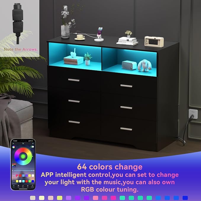 FJTJBSI Dresser with Power Outlets and LED Lights Wooden 6 Drawer Dresser with - Image 5
