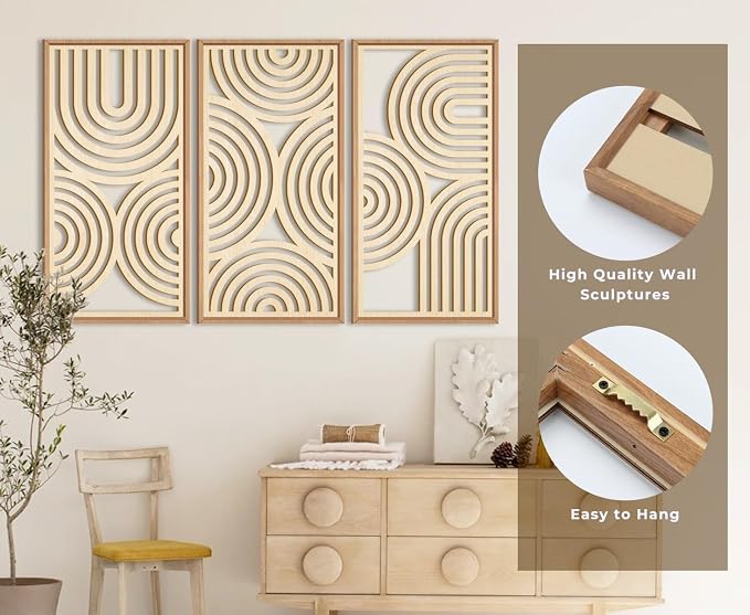 IARTTOP Large Boho Wood Wall Art Set of 3 Framed Wooden Mid-century Modern Wall - Image 8