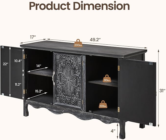 RoyalCraft Buffet Cabinet with Storage, Vintage Solid Wood Sideboard Table - Image 2