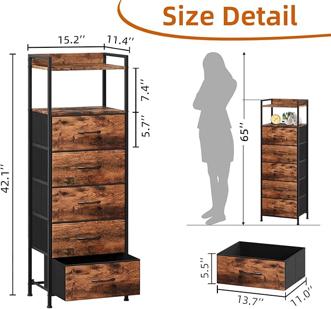 Somdot Tall Nightstand for Bedroom, Tall 5 Drawers Dresser, Vertical Storage - Image 3