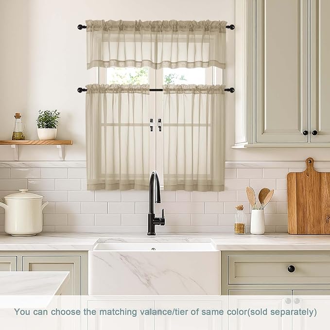 Taupe Valances for Windows 14 inch Length 2 Panels Set, Small Voile Sheer - Image 2