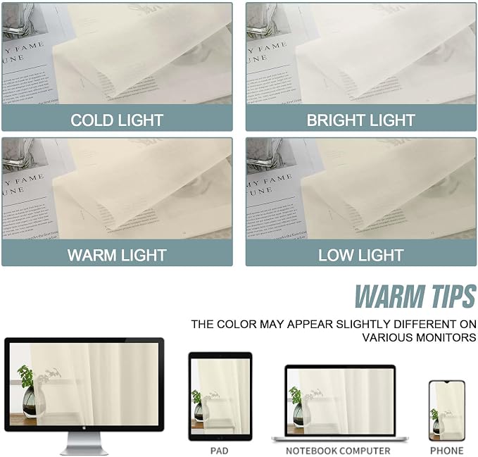 Cream Sheer Curtains for Windows 108 inches Long 2 Panels Set, Soft Lightweight - Image 6