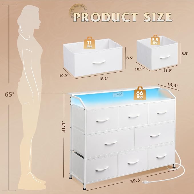 WLIVE Led Dresser for Bedroom, Wide Chest of Drawers for Hallway, 8 Fabric - Image 3