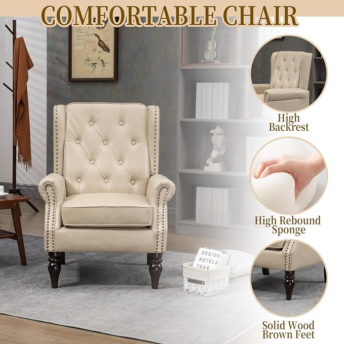 Mid-Century High Wingback Chair Set of 2, Faux Leather Accent Chair Armchair - Image 5