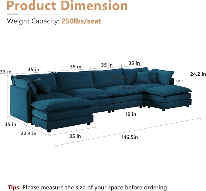 mikibama Modular Sectional Sofa, 146.5 Inch U Shaped Couch Set - Image 2