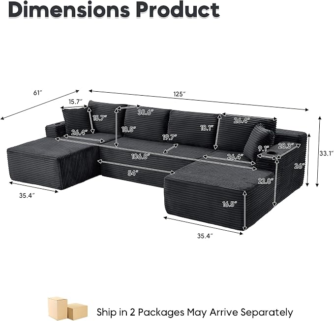125 Inch Modular Sectional Sofa, Cloud Couch Oversized U Shaped Corduroy Sofa - Image 2