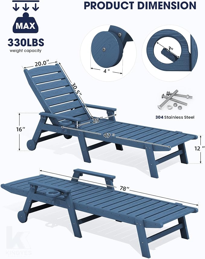 KINGYES HDPE Lounge Chair Outdoor Set of 2, Patio Chaise Lounge Recliner - Image 2