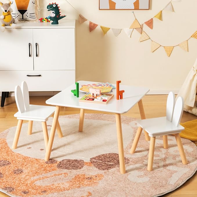 Costzon Kids Table and Chair Set, 3 Pieces Wooden Activity Table & 2 Rabbit - Image 9