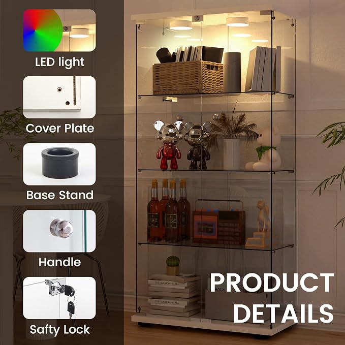 Display Cabinet with Light, Glass Door and Lock, 4-Shelf Fast Installation in - Image 7