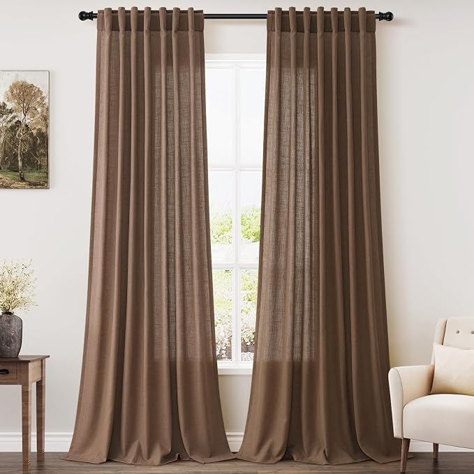 Caramel Brown Linen Curtains for Living Room 98 Inches Long Back Tab and Rod by Nanspring