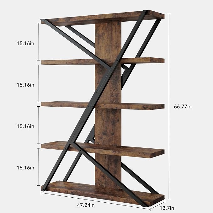 FUSUNBAO Industrial Bookshelf, Vintage 5-Tier Tall Bookcase - Image 2