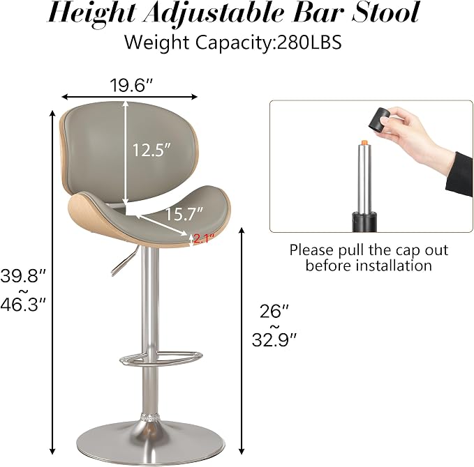 KCC Bar Stools, Swivel Adjustable Height Barstools, PU Leather Upholstered Bar - Image 2