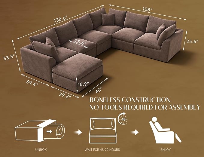 ohllob Oversized Cloud Couches for Living Room, Boneless Sectional Couch - Image 2