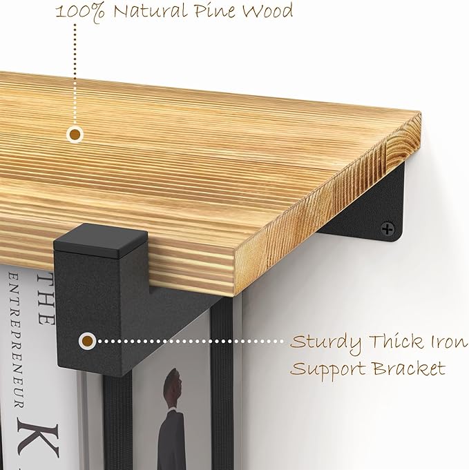 NANATI 2 Set of Floating Bookshelf, Pine Wood Invisible Bookshelf, Hanging - Image 3