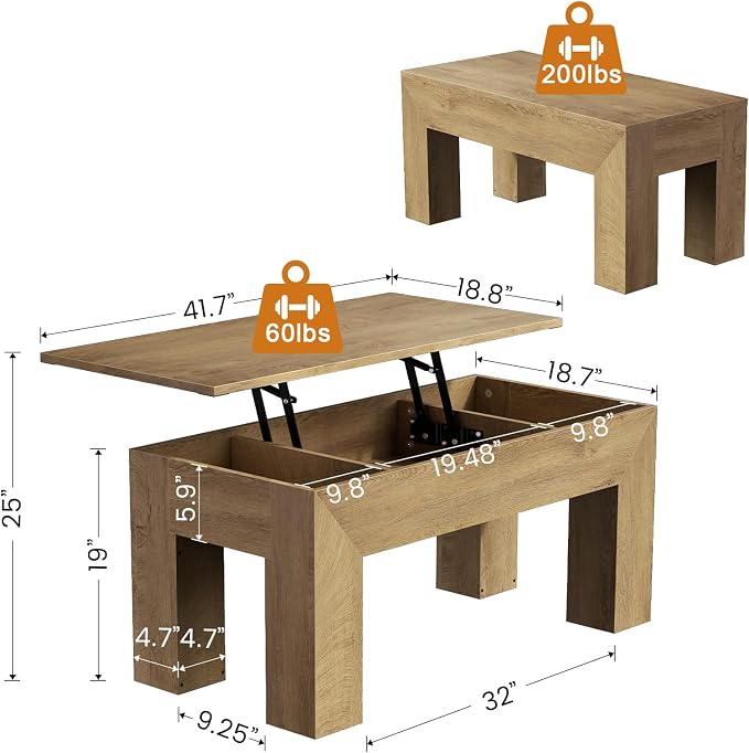FABATO 41.7'' Lift Top Coffee Table, Wooden Rectangle Coffee Table - Image 2