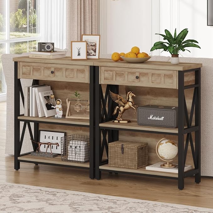 FATORRI Rustic Bookshelf with Drawer, Industrial Wood and Metal Bookcase - Image 5