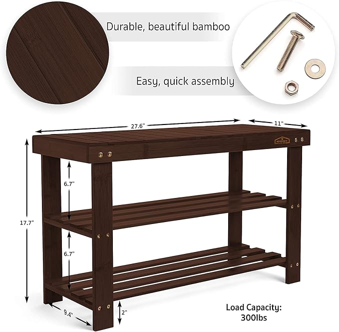 Homemaid Living Bamboo 3 Tier Shoe Rack Bench, Premium Shoe Organizer or - Image 3