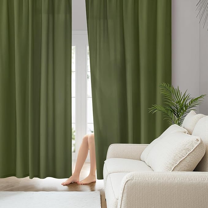 HOMEIDEAS Non-See-Through Olive Green Privacy Sheer Curtains, 52 X 72 Inches - Image 2