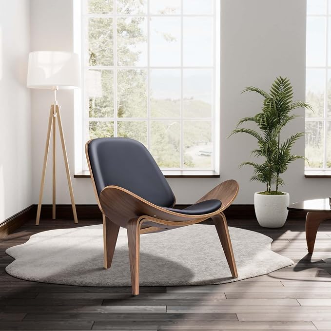 Furgle Mid Century Modern Shell Lounge Chair, PU Leather, Tripod Plywood - Image 2