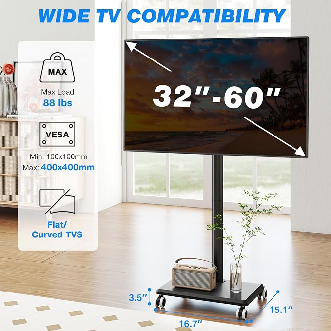 Rfiver Rolling TV Stand for 32 to 55 60 Inch TVs up to 88lbs, Height Adjustable - Image 3