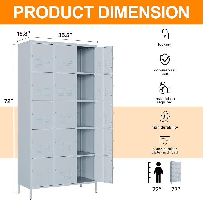 Metal Locker with 15 Doors Employees Locker, Metal Storage Locker with Hooks - Image 3