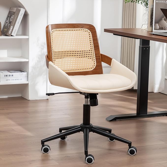 Home Office Desk Chair with Ergonomic Rattan Backrest, Walnut Crafts, Curved by ALLFONISLIVING
