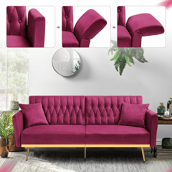 70” Velvet Futon Sofa Bed with 2 Pillows and Adjustable Armrests, Convertible - Image 5
