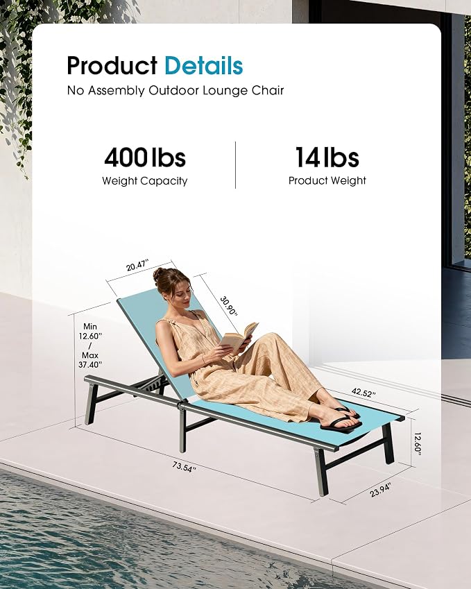 Ciokea Foldable Outdoor Lounge Chair, No Assembly Patio Chaise Lounge Outdoor - Image 2